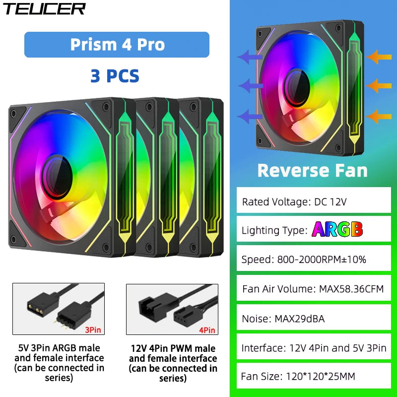 TEUCER Prism4 Pro ARGB Fan 120mm PC Case Fan Kit 4pin PWM CPU Cooling Fans 3pin 5v RGB 12cm Gaming Computer Fan