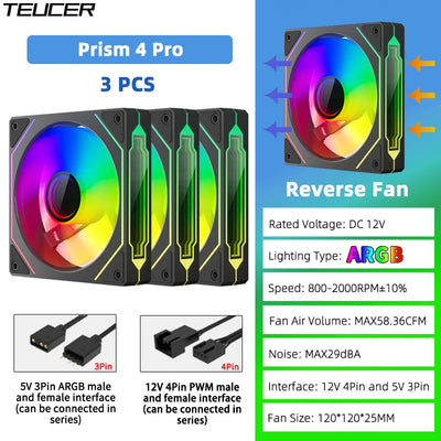 TEUCER Prism4 Pro ARGB Fan 120mm PC Case Fan Kit 4pin PWM CPU Cooling Fans 3pin 5v RGB 12cm Gaming Computer Fan